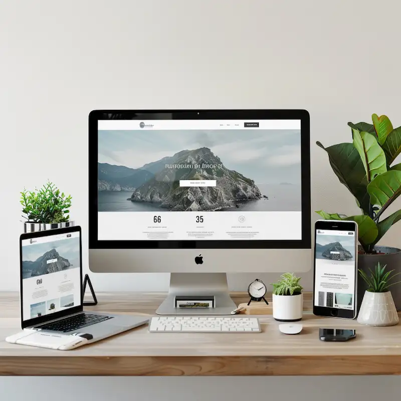 Mesa com o mesmo site aberto em um computador, um notebook e um celular, ao lado de vasos de plantas