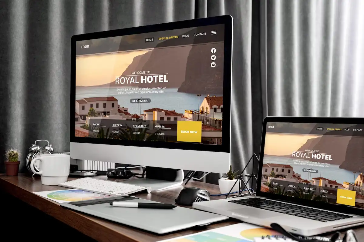 Monitor e notebook sobre uma mesa de trabalho exibindo o mesmo layout de site de um hotel