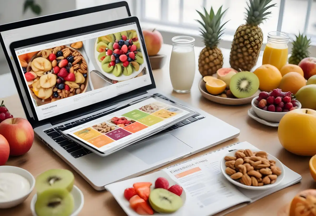 Notebook com um site de receitas saudáveis aberto, cercado de frutas, castanhas e um copo de leite sobre a mesa