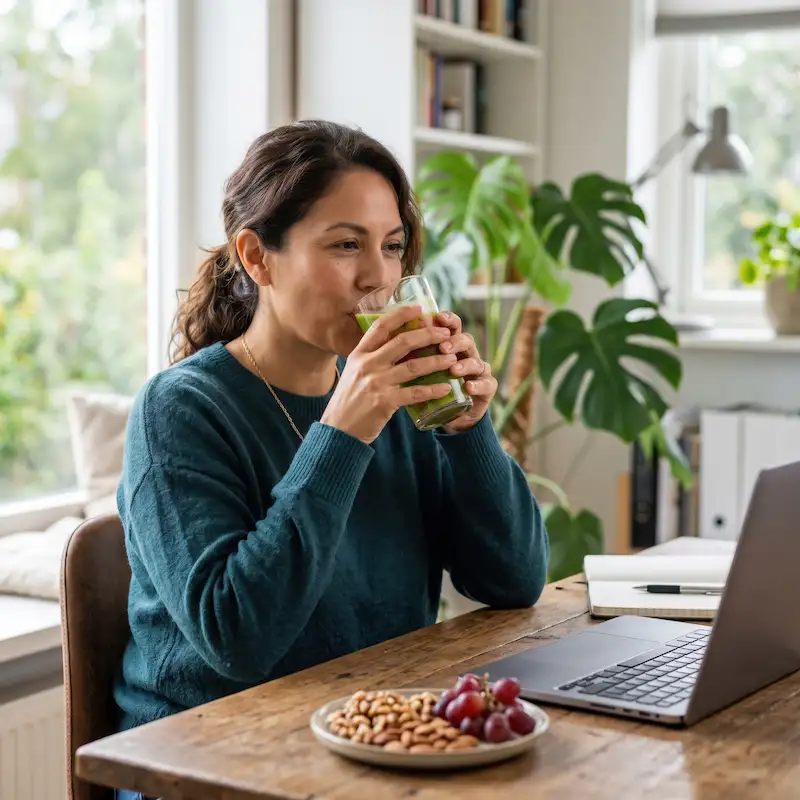 Mulher bebendo suco verde diante de um notebook aberto, com castanhas e uvas num prato sobre a mesa de madeira