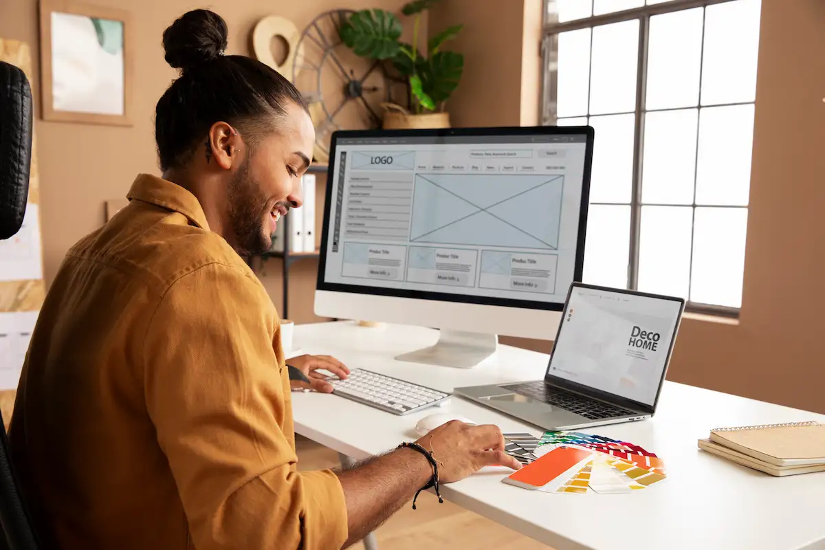 Designer sorrindo diante de um monitor com o wireframe de um site, com uma cartela de cores sobre a mesa