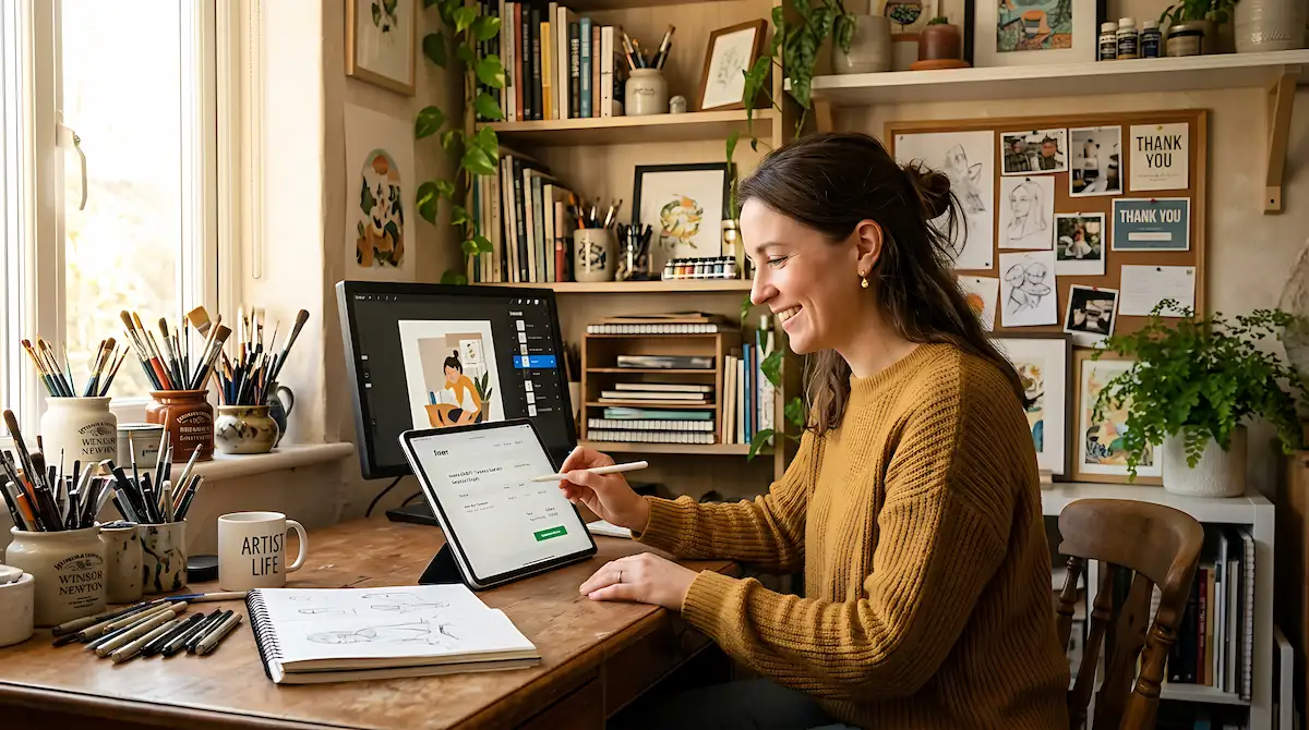 Mulher sorrindo enquanto desenha em um tablet, em uma mesa de trabalho cheia de materiais de arte
