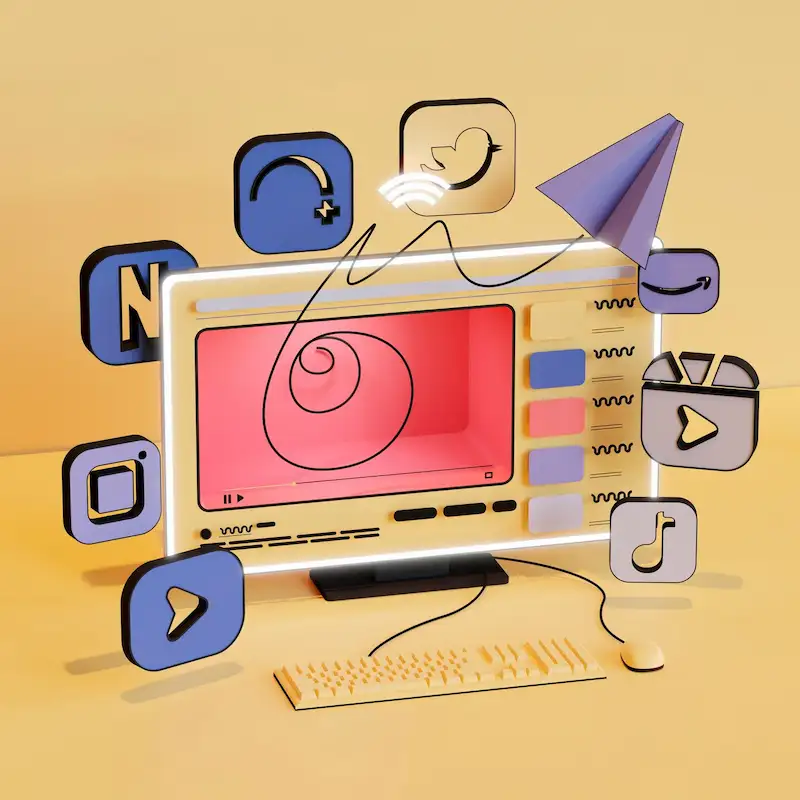 Ilustração 3D de um monitor com um player de vídeo na tela, cercado por ícones de aplicativos e redes sociais